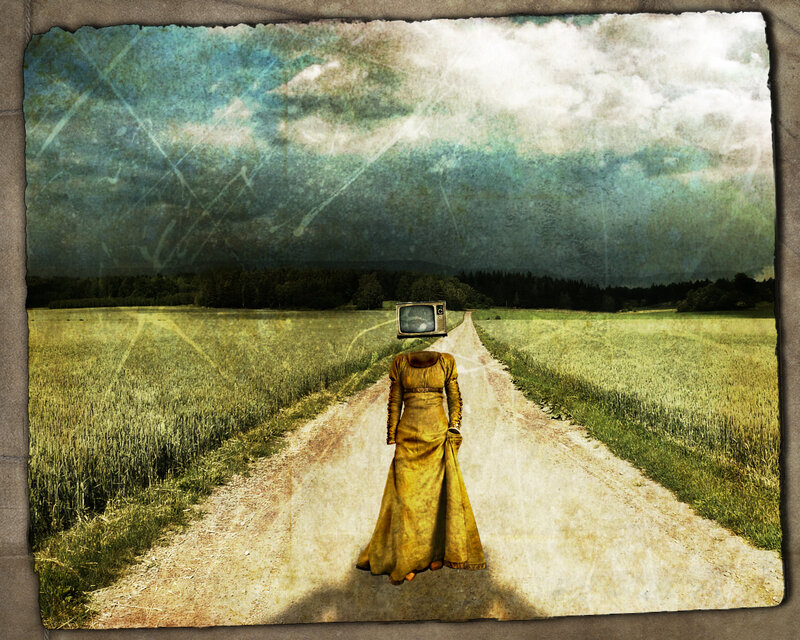 woman with TV head on a road