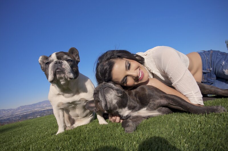 Woman with Two Bulldogs — Blue
