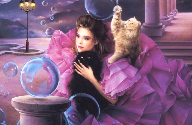 Woman with Two Cats — Purple, Dreamy