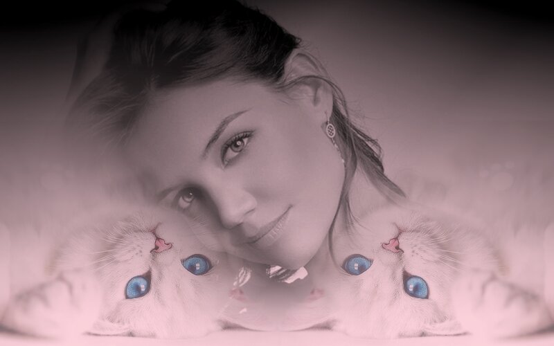 Woman with Two Cats — White