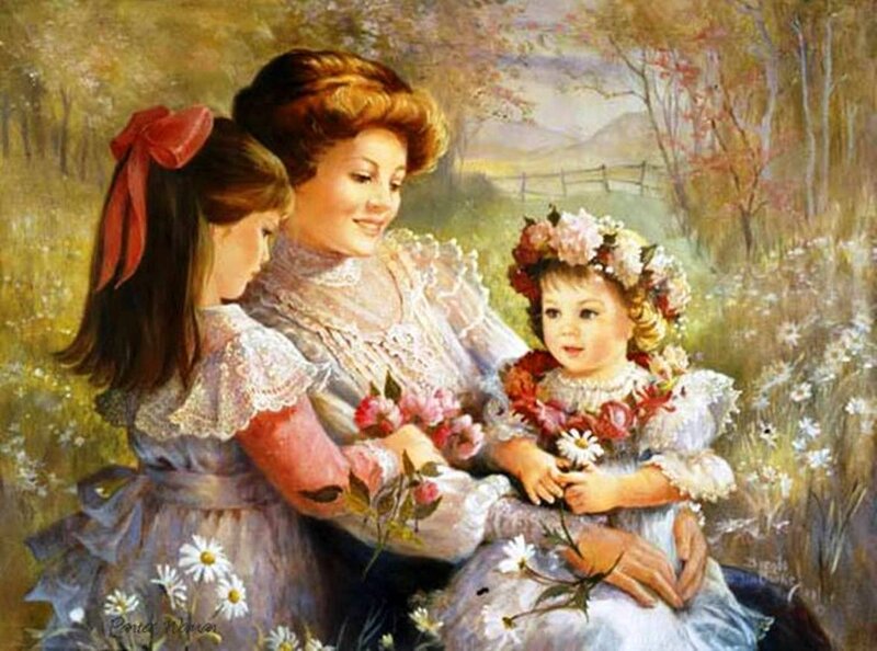 Woman with Two Children — White, Serene