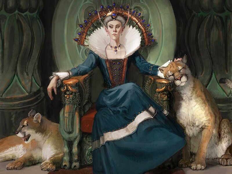 Woman with Two Cougars — Blue