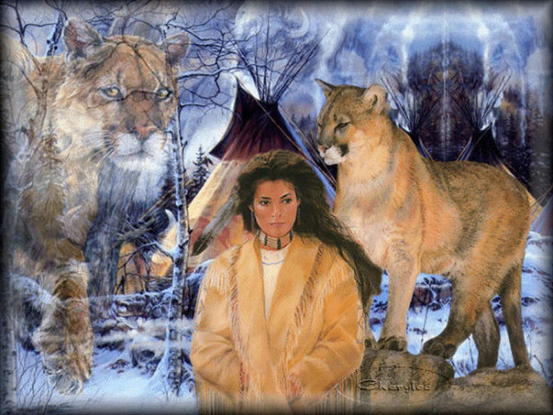 Woman with Two Cougars — Brown