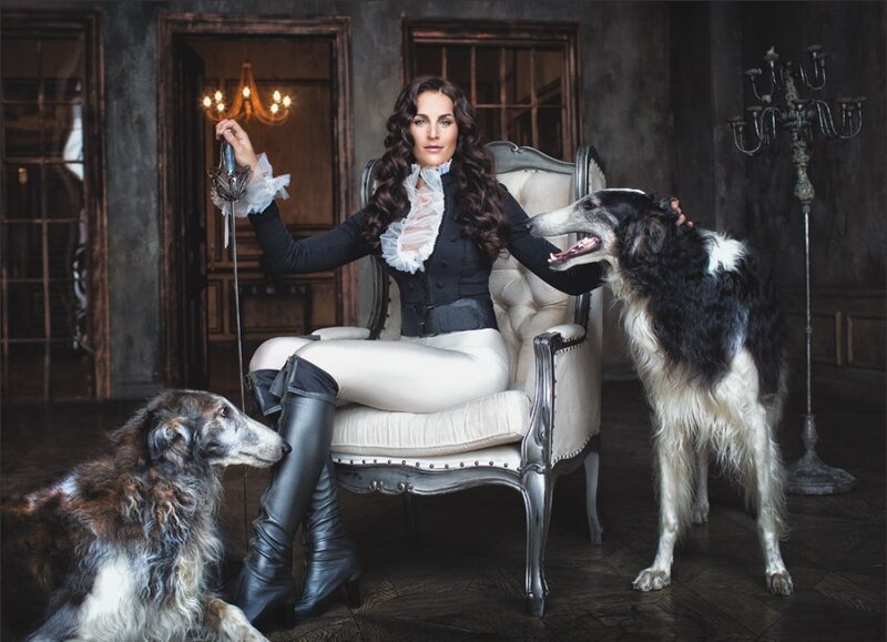 Woman with Two Dogs — Black, Dramatic, Photograph