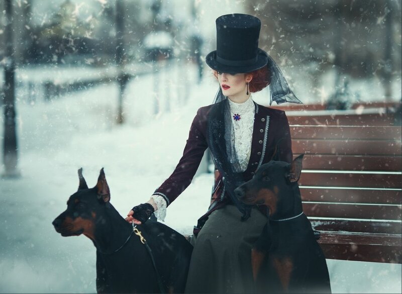 Woman with Two Dogs — Black, Dramatic, Winter