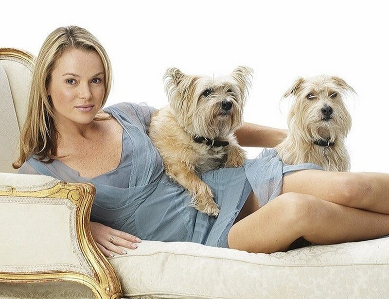Woman with Two Dogs — Blue, Calm