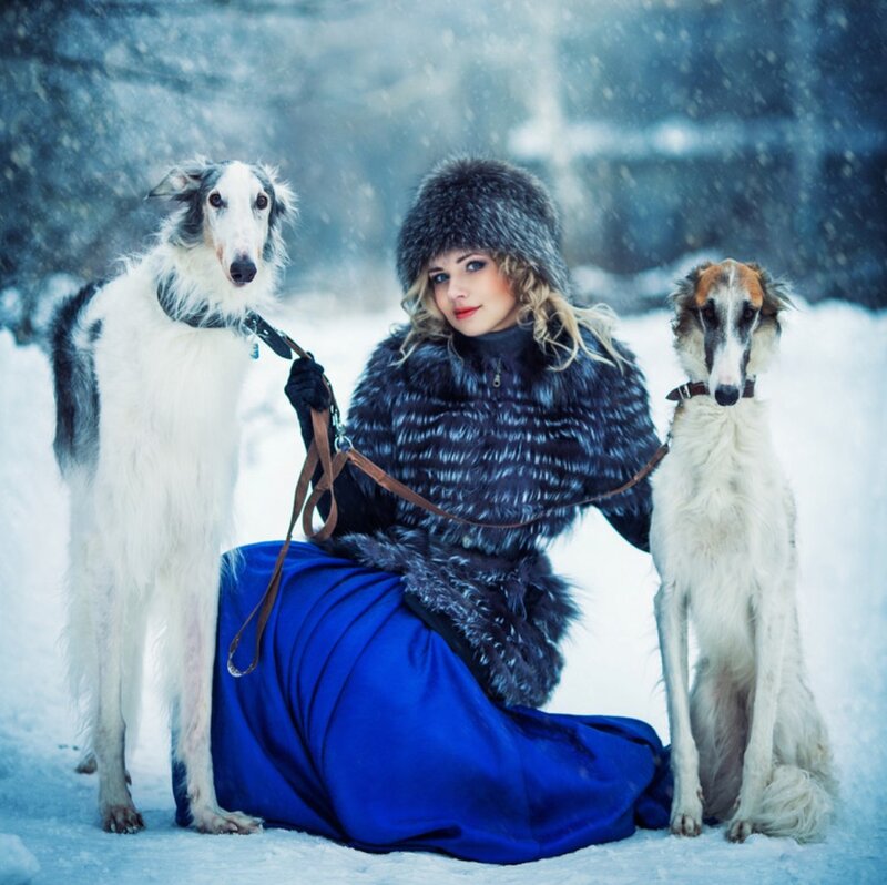 Woman with Two Dogs — Blue, Cold