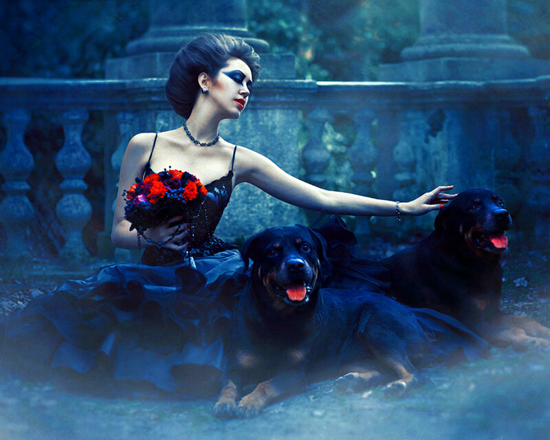 Woman with Two Dogs — Blue, Dramatic