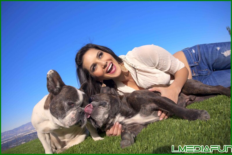 Woman with Two Dogs — Blue, Happy