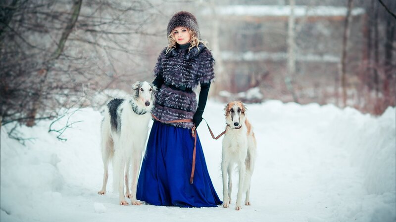 Woman with Two Dogs — Blue, Serene