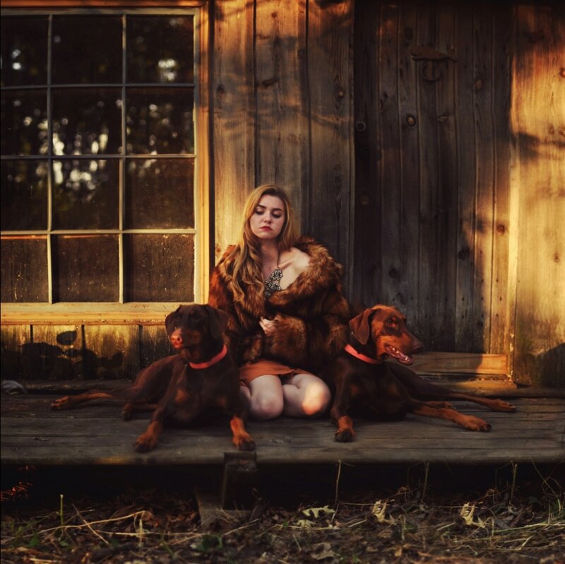 Woman with Two Dogs — Brown, Dramatic, Sunset, Photograph