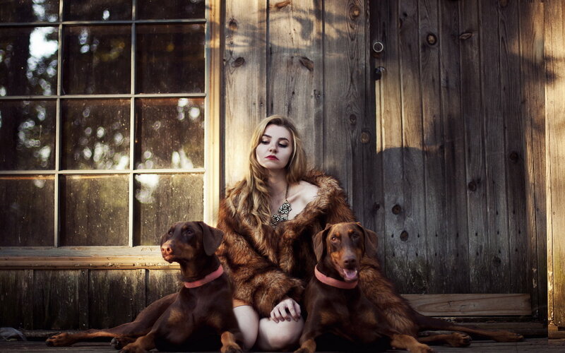 Woman with Two Dogs — Brown