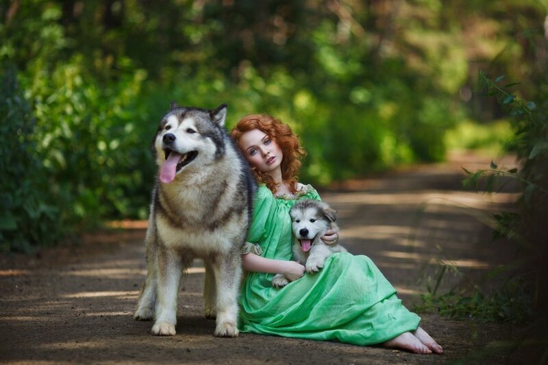 Woman with Two Dogs — Green, Serene, Afternoon, Photograph