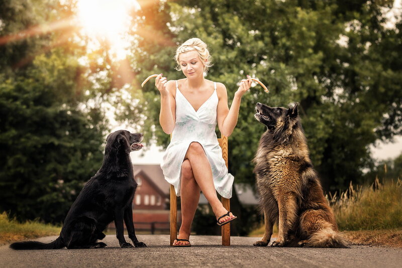 Woman with Two Dogs — Green, Serene