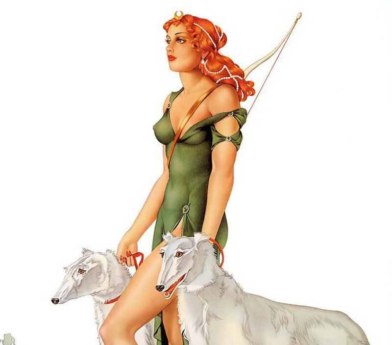 Woman with Two Dogs — Green