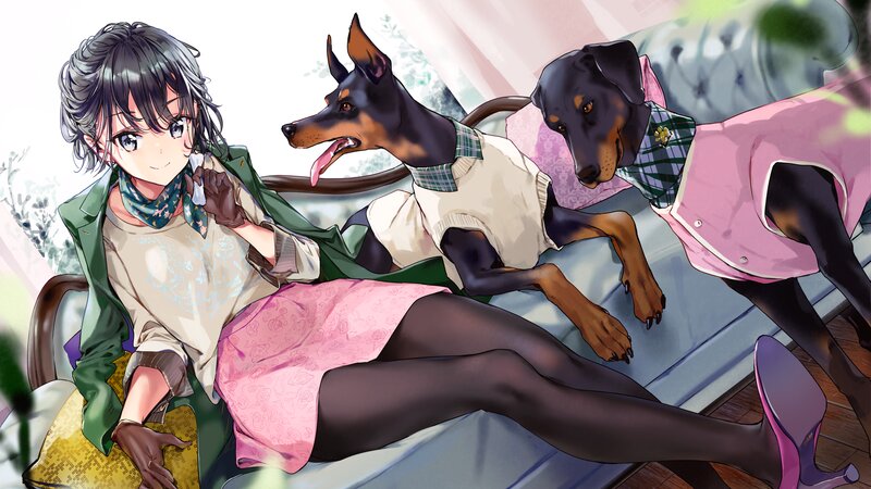 Woman with Two Dogs — Pink