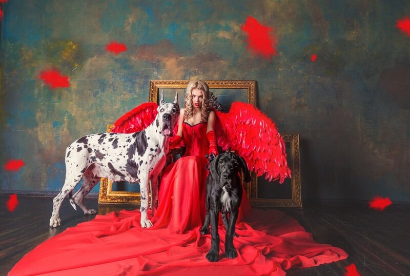 Woman with Two Dogs — Red, Dramatic