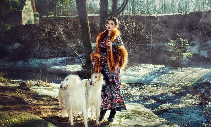 Woman with Two Dogs — White, Dramatic