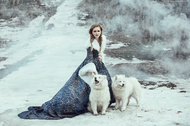Woman with Two Dogs — White, Dramatic, Winter