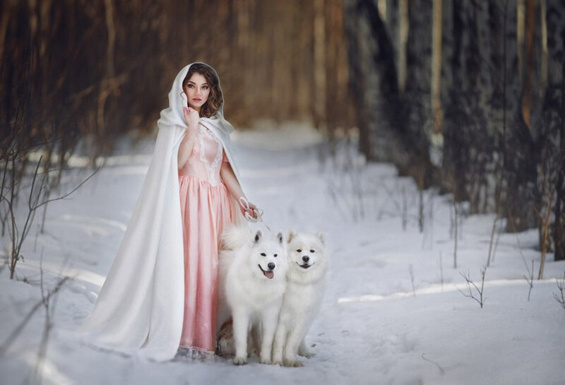 Woman with Two Dogs — White, Serene