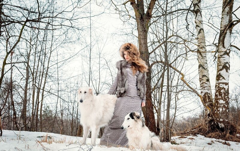 Woman with Two Dogs — White, Serene, Winter, Photograph, Trees, Snow