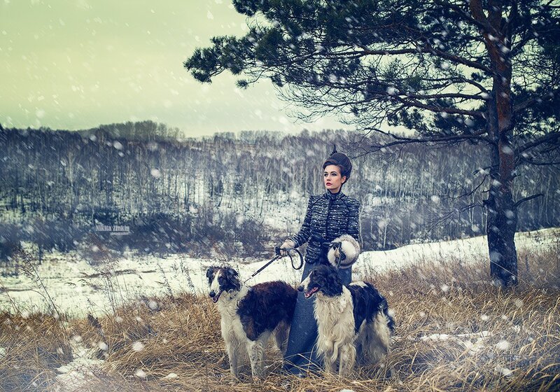 Woman with Two Dogs — White