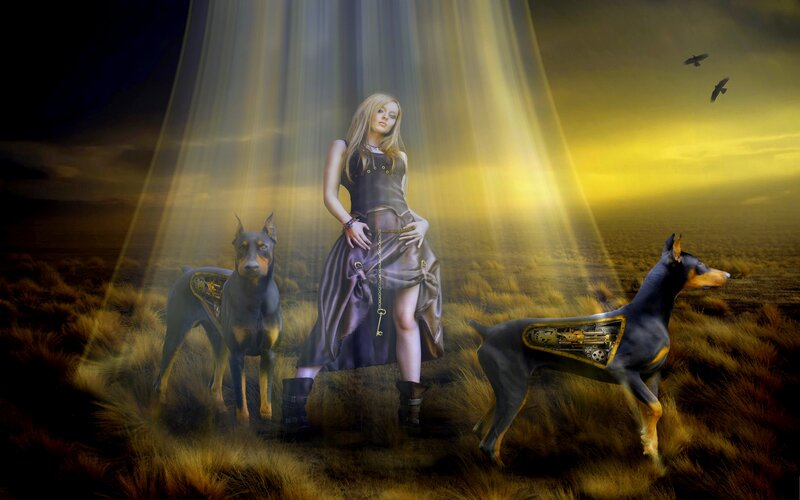 Woman with Two Dogs — Yellow