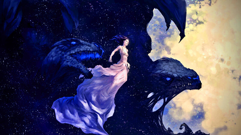 Woman with Two Dragons — Blue