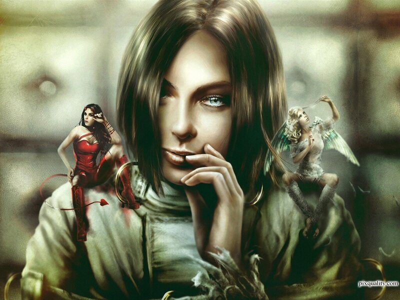 Woman with Two Figures — Brown, Dramatic, Digital Art