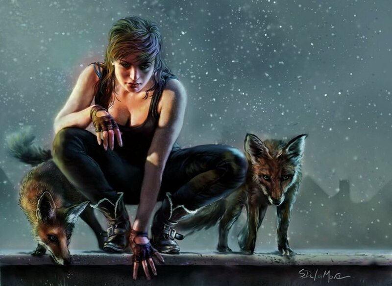 Woman with Two Foxes
