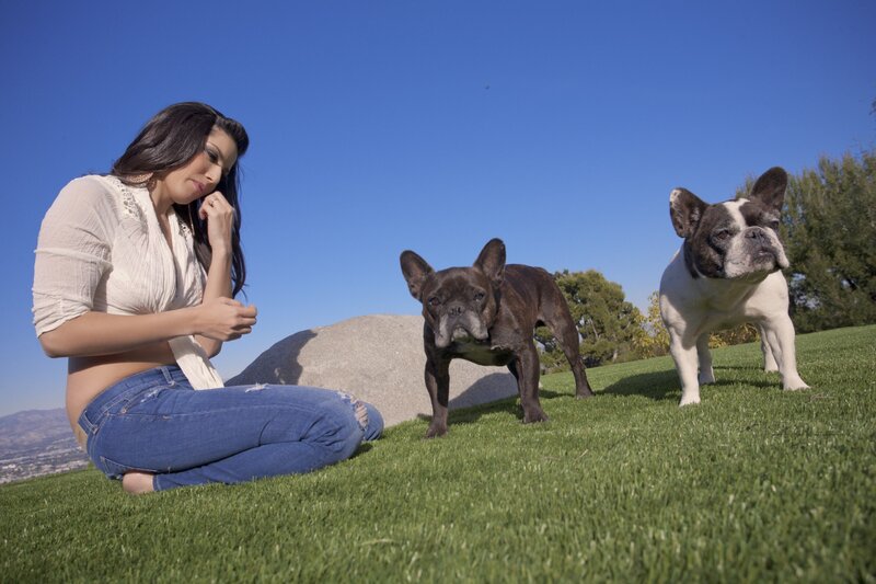 Woman with two French bulldogs