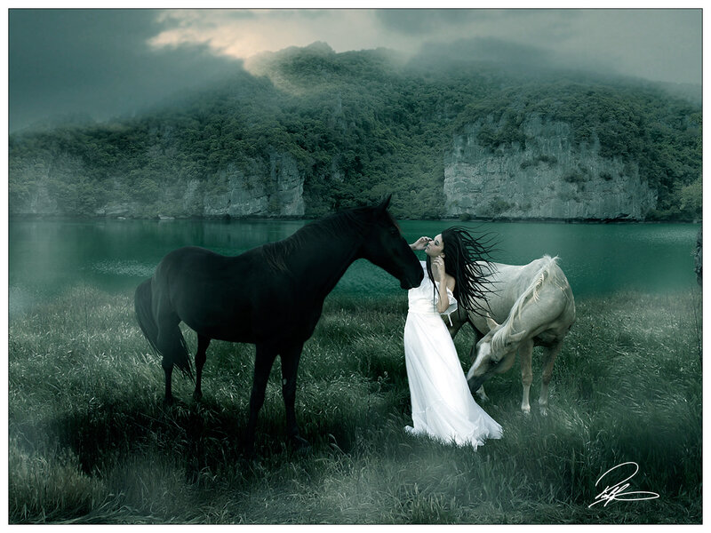 Woman with Two Horses — Green, Dramatic