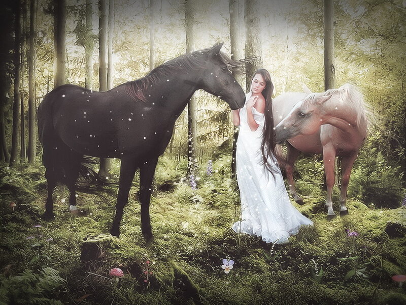 Woman with Two Horses — Green, Serene