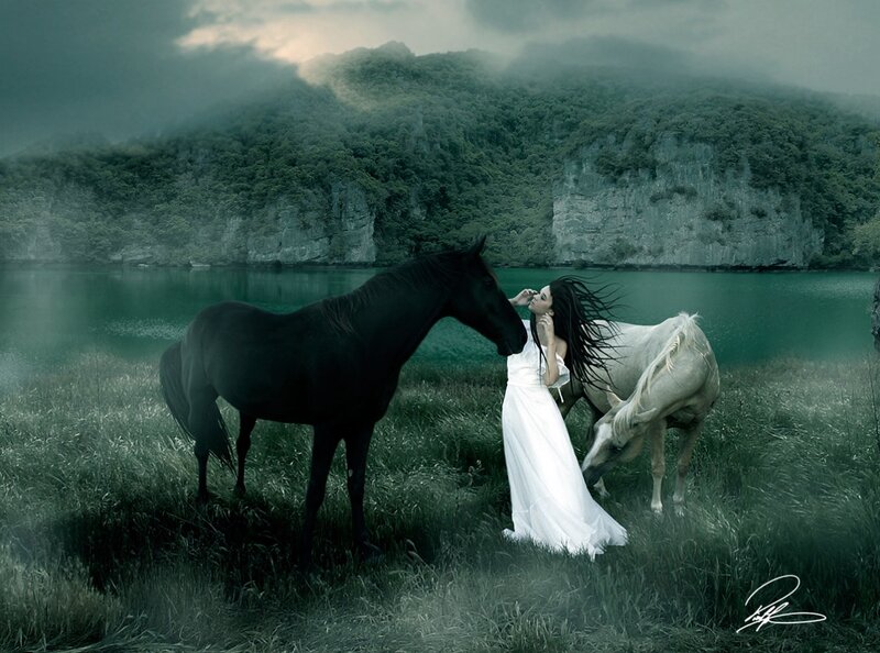 Woman with Two Horses — Green