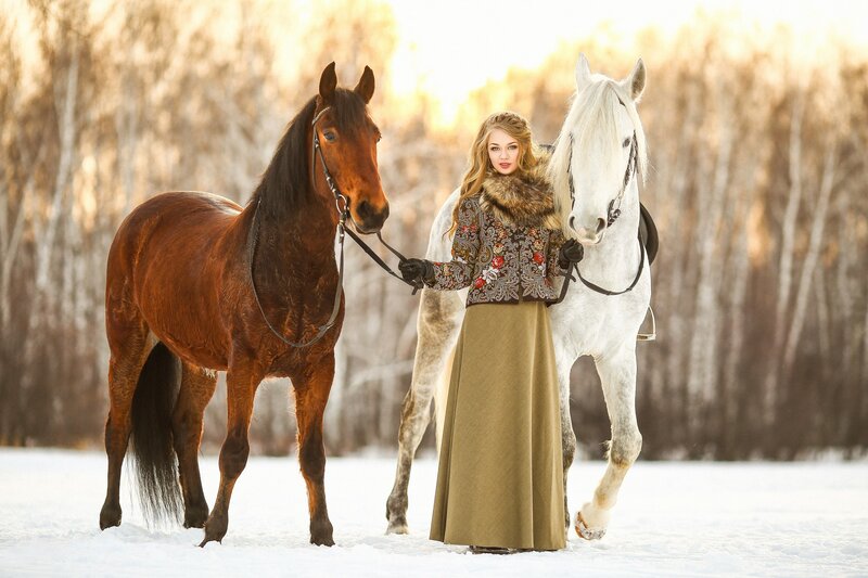 Woman with Two Horses — White, Serene, Winter