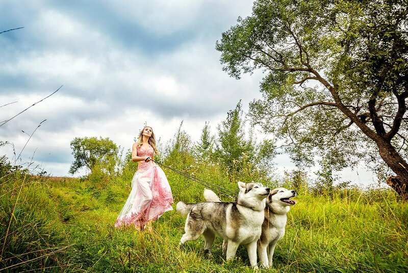 Woman with Two Huskies — Green