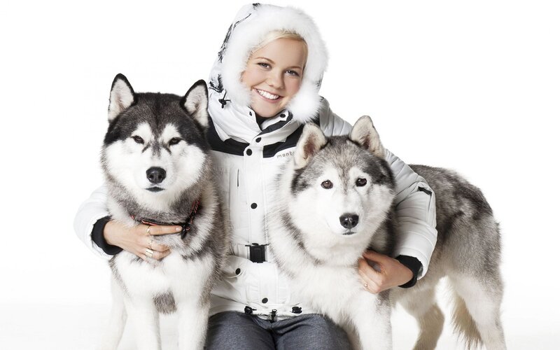 Woman with Two Huskies — White, Happy