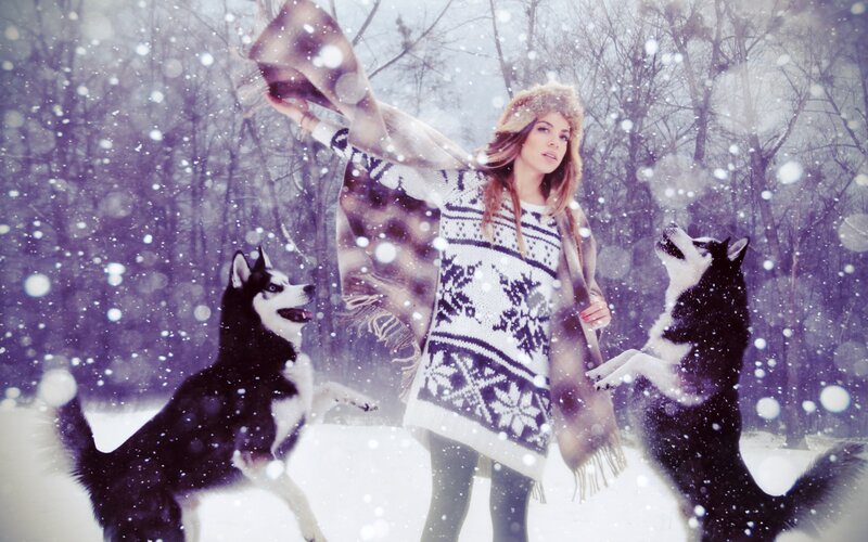 Woman with Two Huskies — White