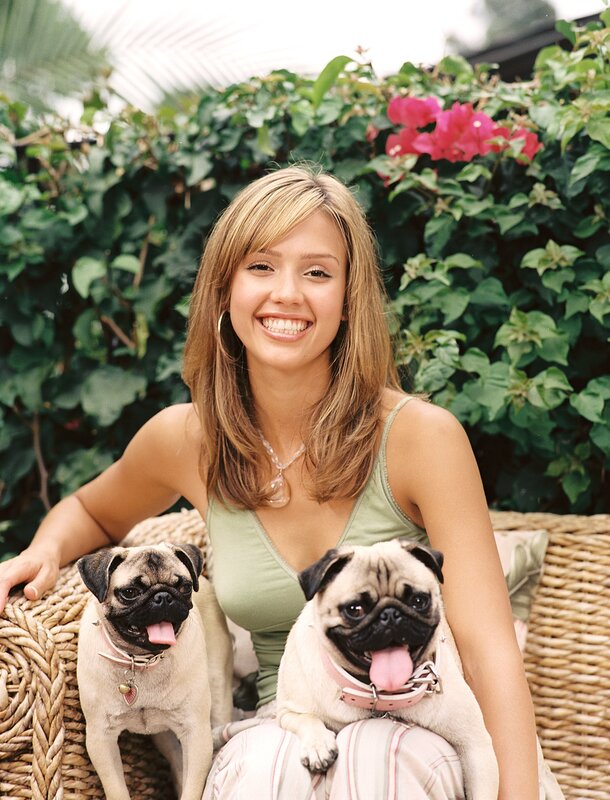 Woman with two pugs outdoors