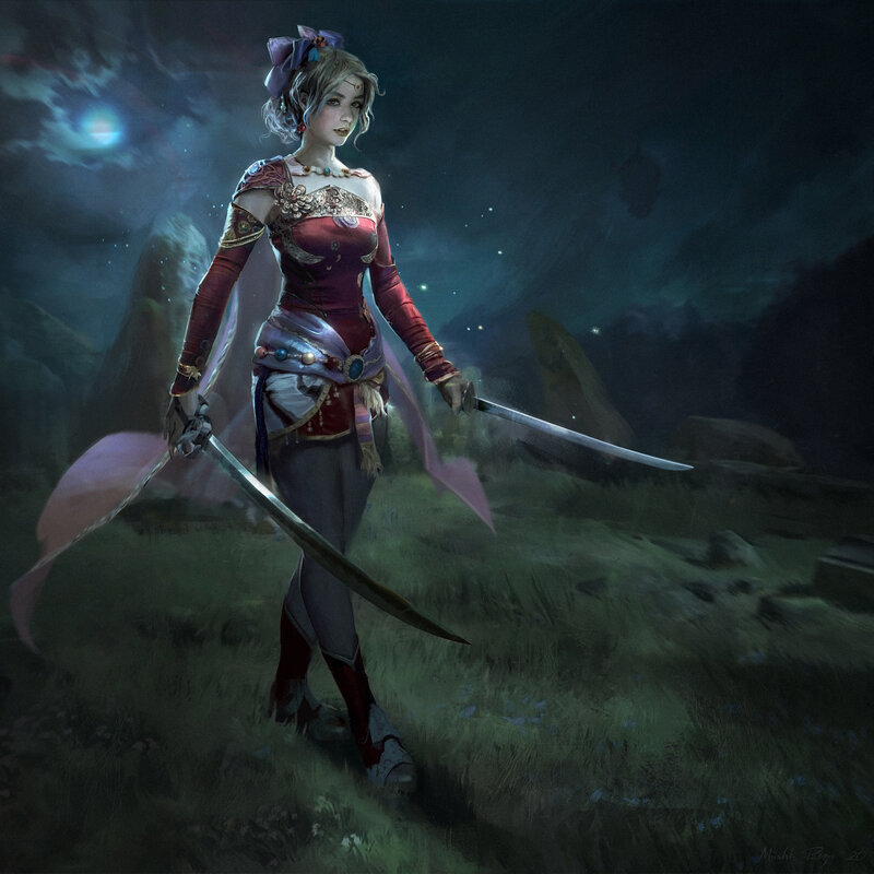 Woman with Two Swords — Purple