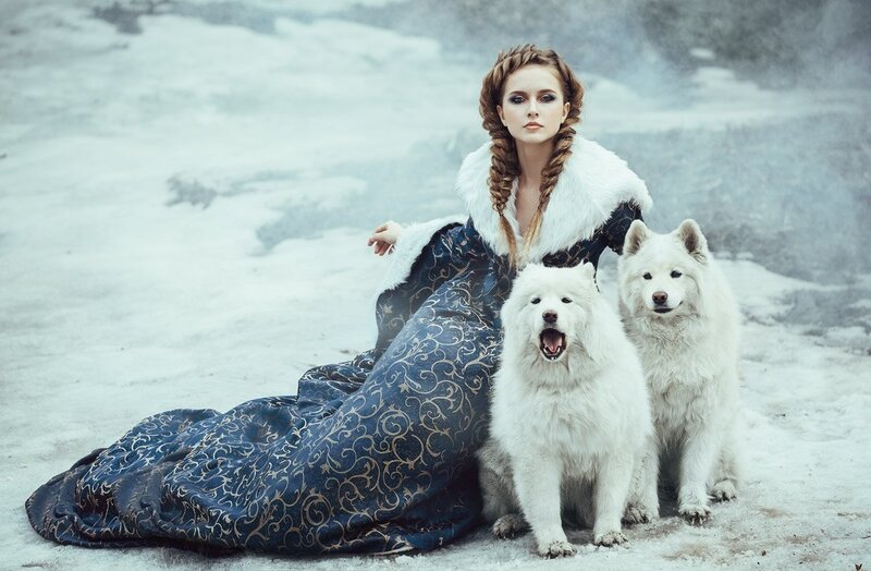 Woman with Two White Dogs — Dramatic
