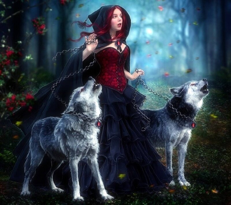 Woman with Two Wolves — Black, Dramatic, Night