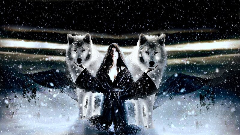 Woman with Two Wolves — Black, Dramatic