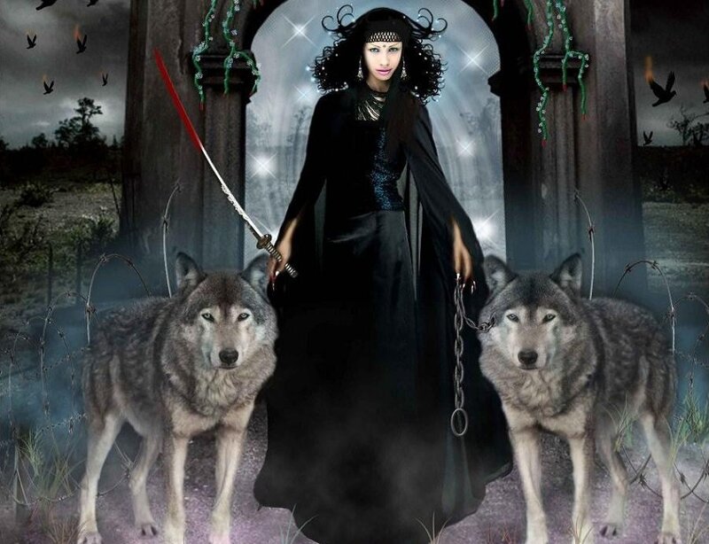 Woman with Two Wolves — Black