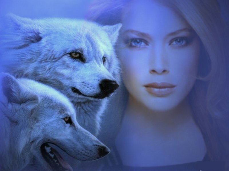 Woman with Two Wolves — Blue, Mystical