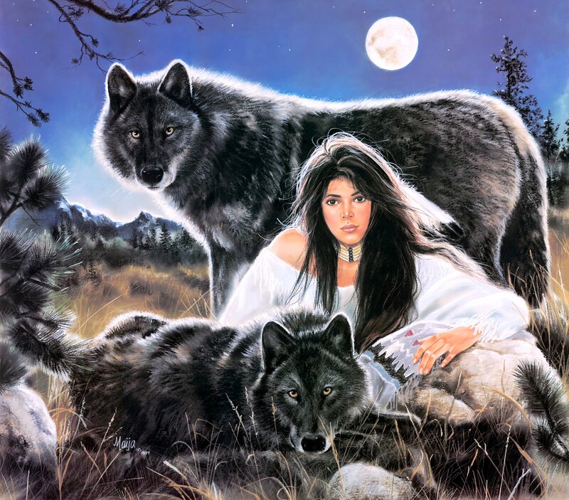 Woman with Two Wolves — Blue, Serene, Night