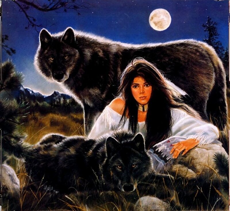 Woman with Two Wolves — Blue, Serene