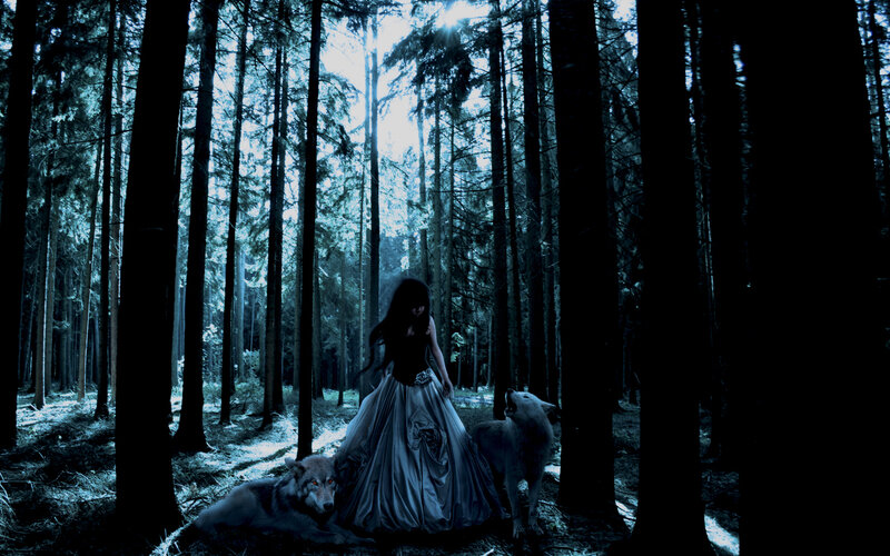 Woman with Two Wolves — Blue