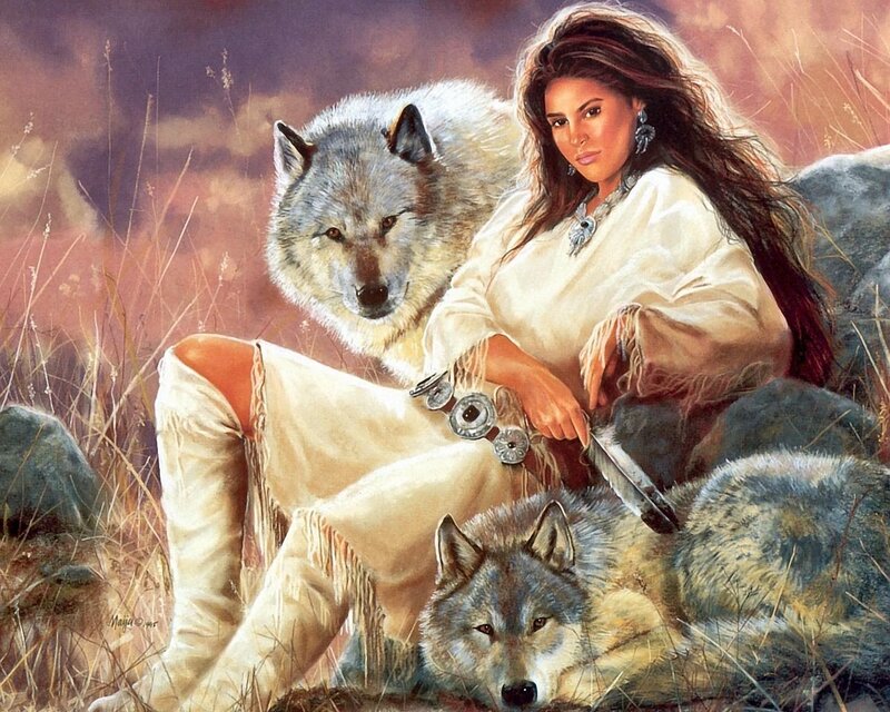 Woman with Two Wolves — Brown