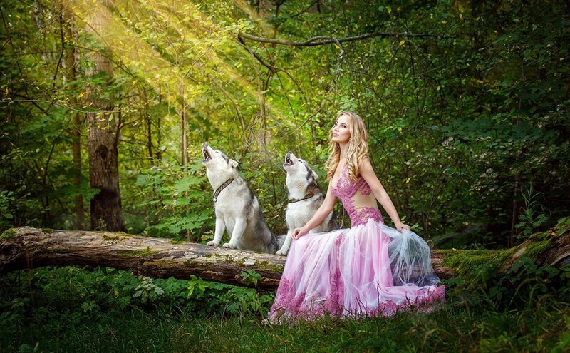 Woman with Two Wolves — Pink